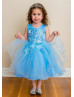 Beaded Blue Lace Tulle Curly Hem Flower Girl Dress